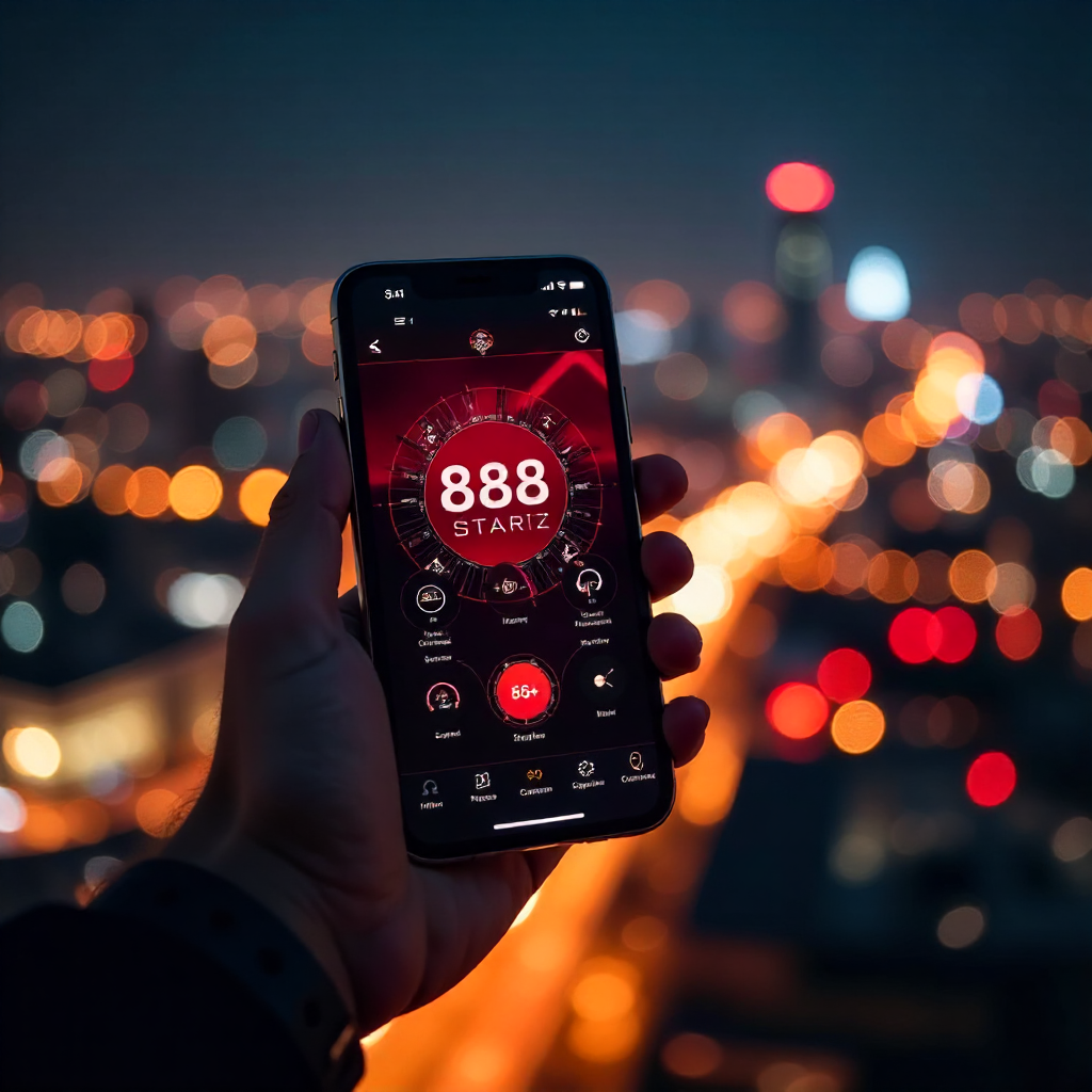A hand holding a luxury smartphone displaying the official 888starz Uzbekistan app with a sleek red and black interface, background is the Tashkent City skyline with the Hilton and Nest One towers at night, vibrant golden and red bokeh lights, 3D golden c